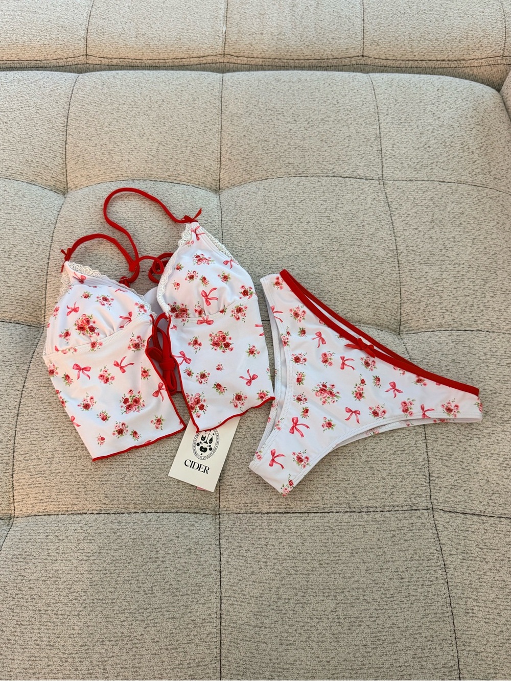 Cider White & Red Floral Print Bikini Set — Bow Details